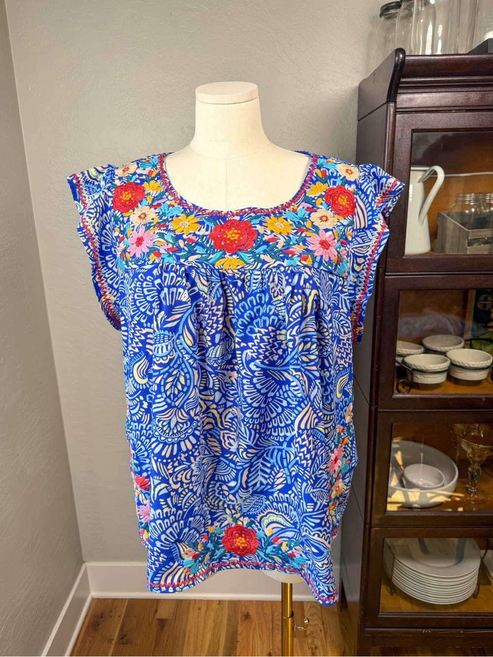 Savanna Jane Blue Floral Embroidered Boho Flutter Sleeve Top Plus Size 2X